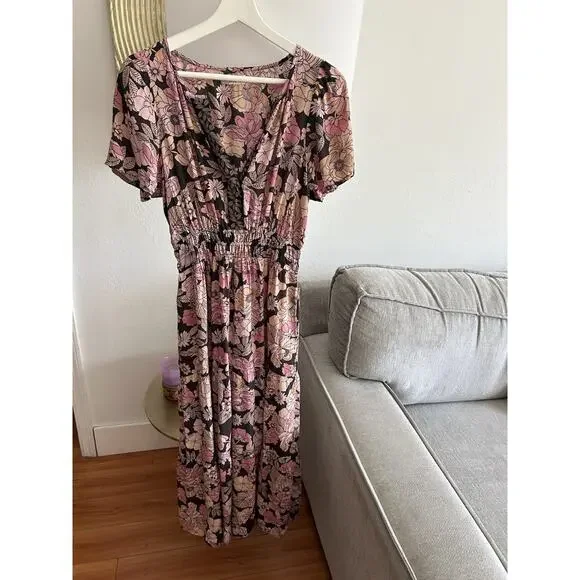 Natural Life Bella Floral Maxi Dress Tiered Pink Floral Prairie Boho Cottage S - Picture 1 of 12